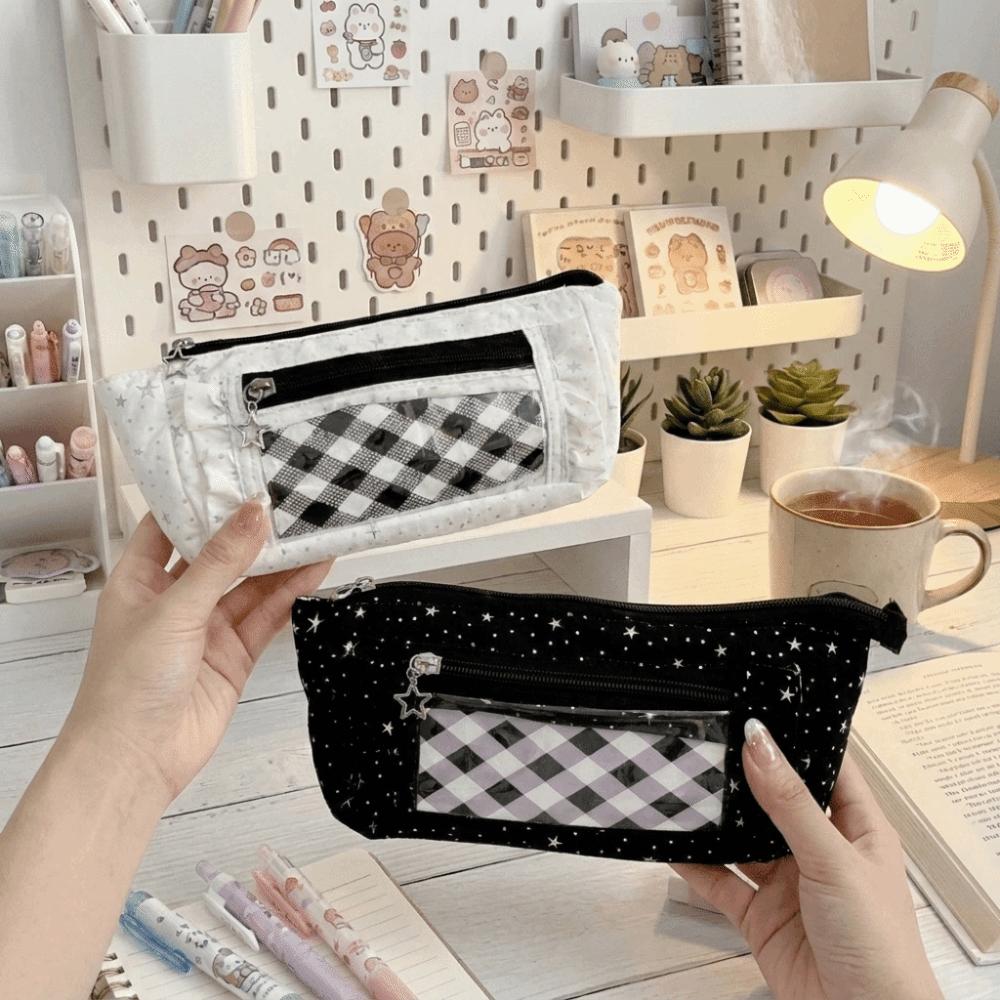 Large Capacity Star Checkered Pattern Pen Bag Lace Trim Stationery Organizer Pencil Pouch Students