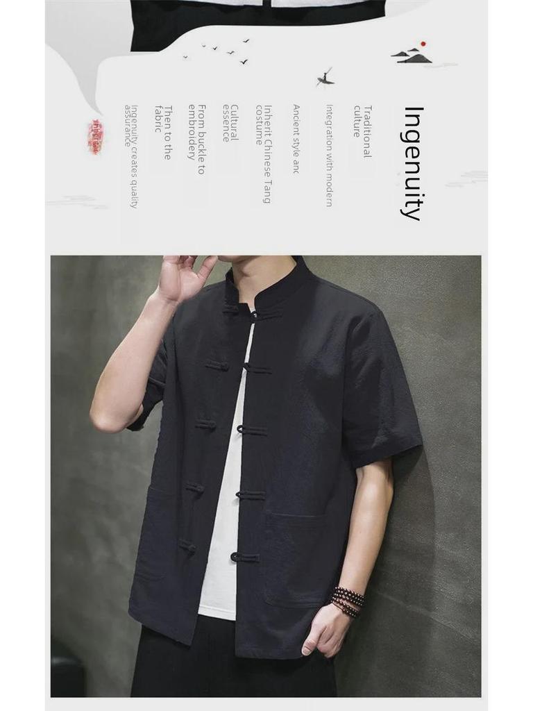 Men's Chinese-Style Linen Short-Sleeve Shirt, Summer Loose Fit, Stand-Up Collar
