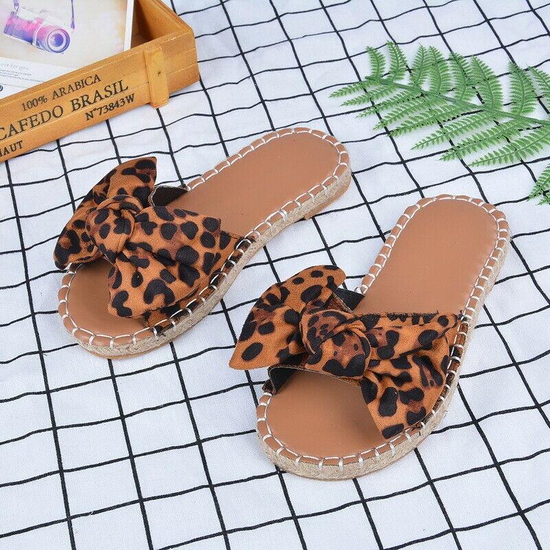 Elegant Women Slip On Sandals Bow Flat Mule Espadrille Shoes Summer Sliders
