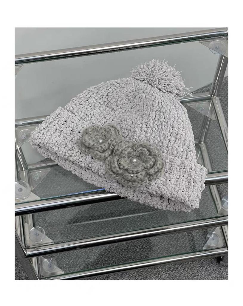 Korean atmosphere soft waxy coarse wool hat autumn and winter new crochet three-dimensional camellia knitted hat niche ear protection hat
