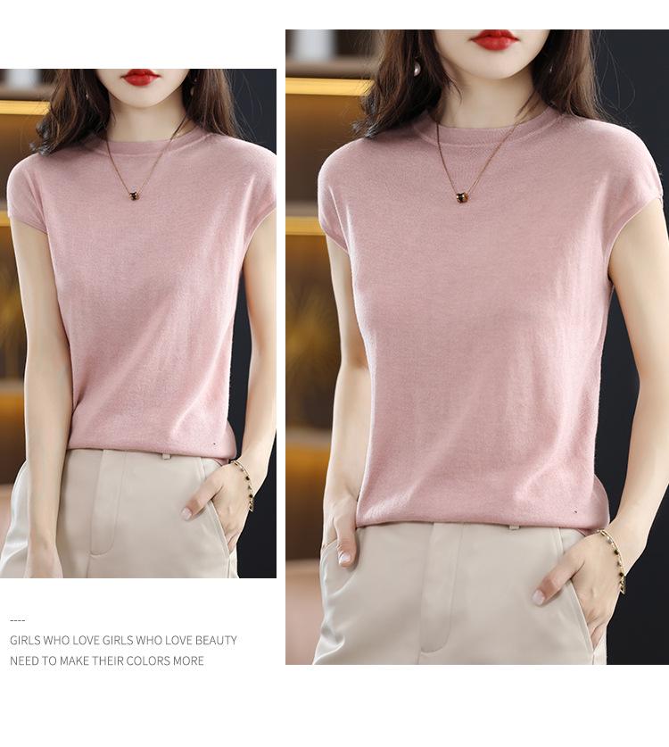 Dámský letní vlněný pletený top s krátkým rukávem a kulatým výstřihem