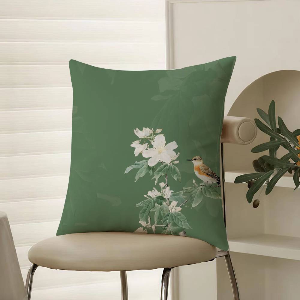 Chinese Style Simple Bird Flowers Pillow Case Comfort Sofa Bed Silky Elegant Invisible Zipper Decorative Cushion Cover