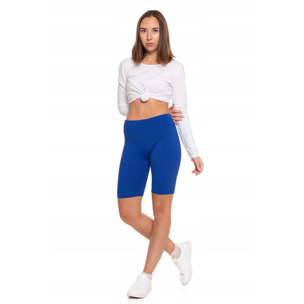 Moraj Damen Sport-Leggings Hoher Bund Kurz Gerippt Fitnessstudio-Hose Polyester Elasthan Blau L-XL