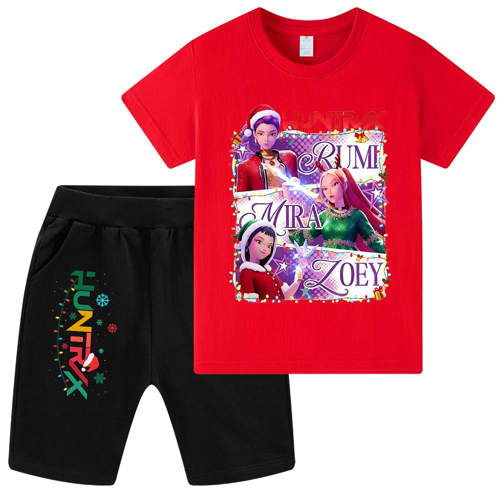 WA1265 Kids Boys Girls Kpop Rumi Zoey Mira Christmas Print Short Sleeves T-shirt Shorts Pants Sets