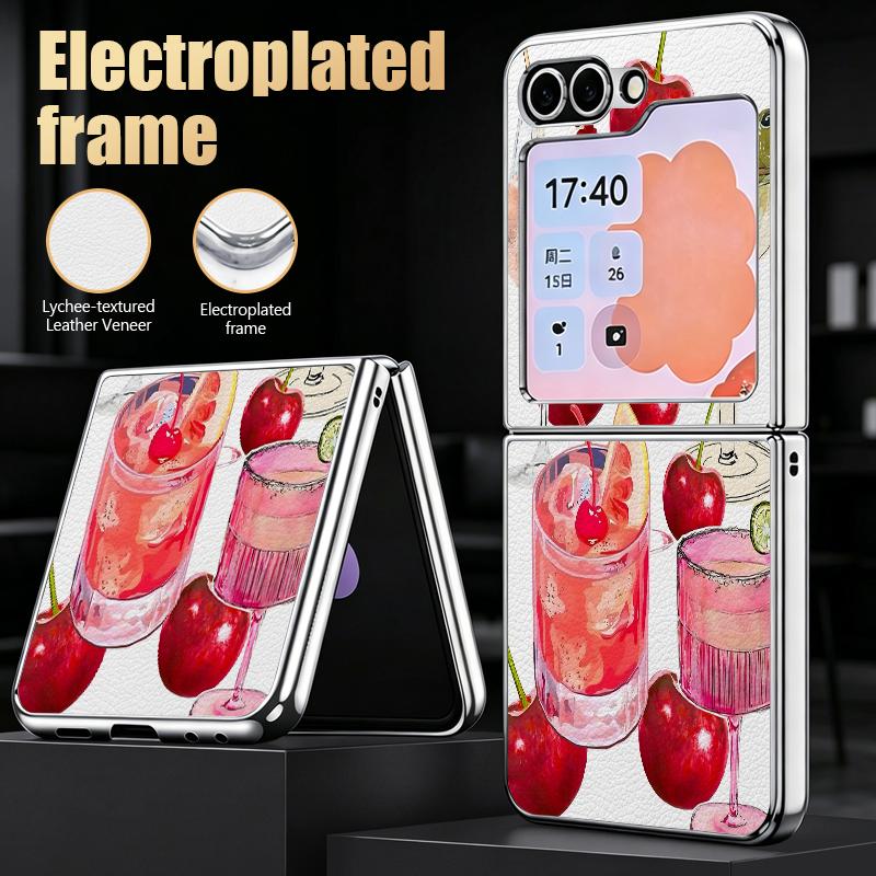 Polka Dot Cherry Print Case For Samsung Z Flip 8 7 6 5 Luxury Plating Leather Skin Folding Phone Cover For Galaxy Z Flip8 Flip7 Flip6