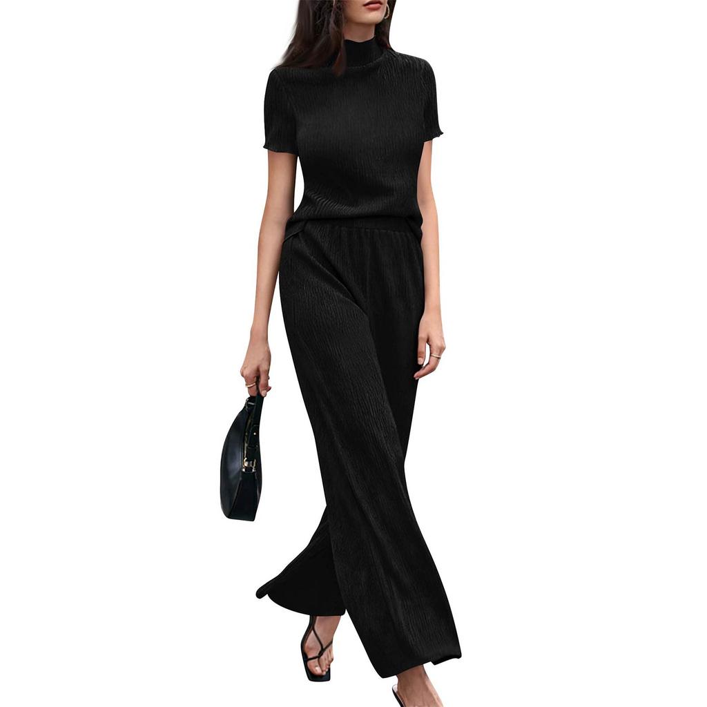 Women's Two Piece Set High Neck Short Sleeve Loose Fit Top with Wide Leg Pants Casual Lounge Wear Set
