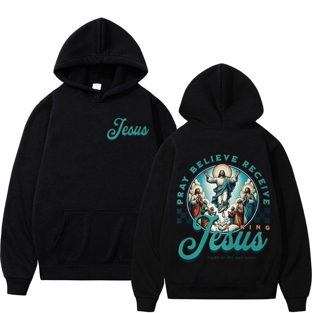

Pray Believe Receive Jesus Print Sweatshirts Men Women Fashion Comfort Hoodies Long Sleeves Thick Vintage Casual Pullover Tops 3XL