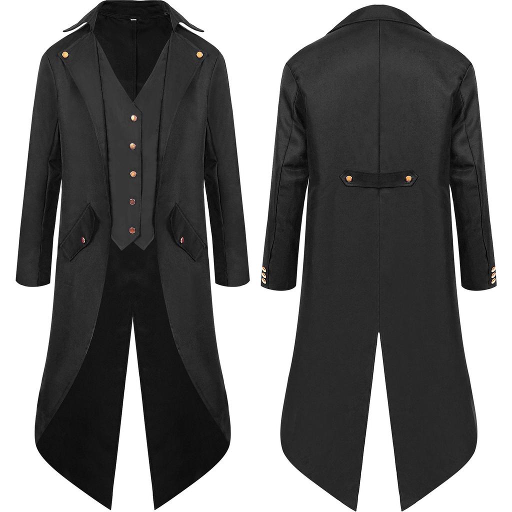 2024 Men's Solid Color Medieval Swallowtail Coat - European & American Mid-length Punk Retro Overcoat