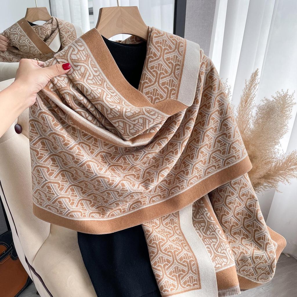Korean Version Geometric Warm Scarf Double-Sided Imitation Cashmere Thickened Student Scarf Air-Conditioned Room Shawl Outside