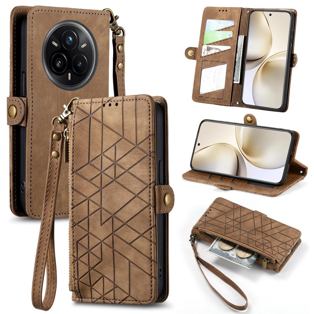 For Realme 14 Pro+ 5G Lommeboketui med glidelås Geometriske linjer Lærtelefondeksel med stropp