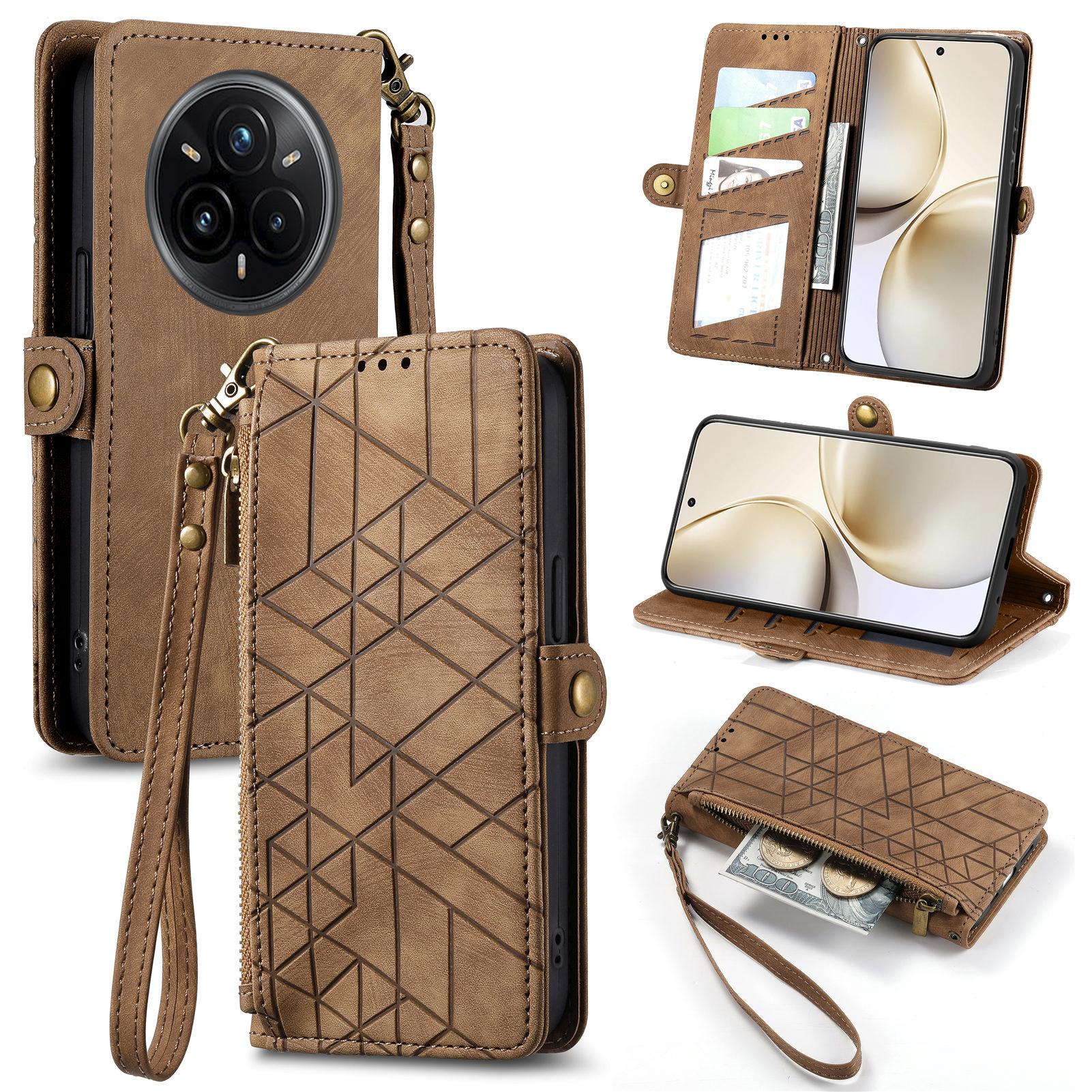 

Для Realme 14 Pro 5G Чохол-гаманець на блискавці Шкіряний чохол для телефону з ремінцем з геометричними лініями Brown