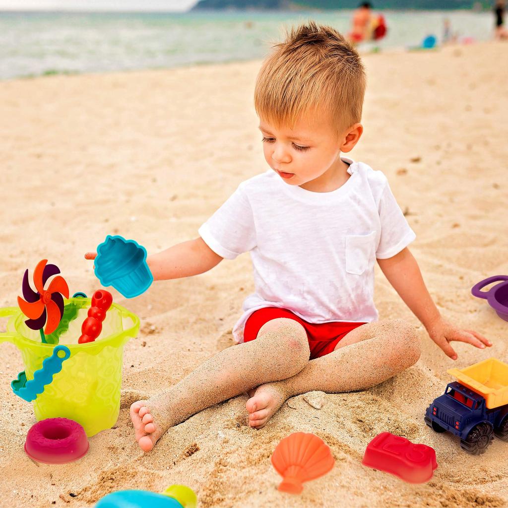 B. Toys Sandbox Set, 10-Piece Set with Sand Toys and Truck Toy, Summer Beach Bag, Ages 18 Months and Up, Authentic