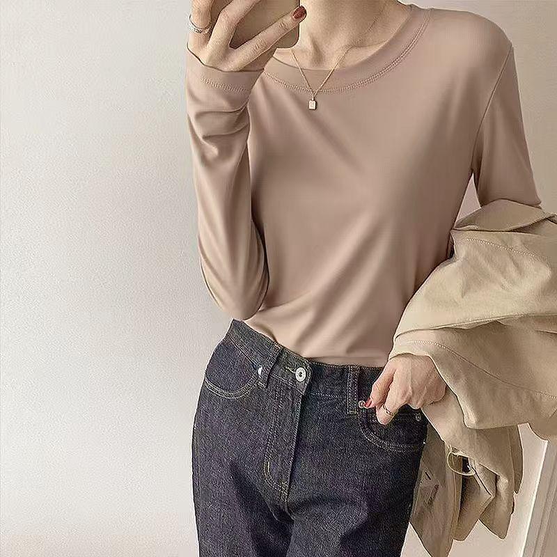 

Женская двухсторонняя бархатная рубашка: Белый, корейский стиль, длинные рукава с начесом, круглый вырез, идеально подходит в качестве нижнего белья на осень и зиму. L легкие хаки