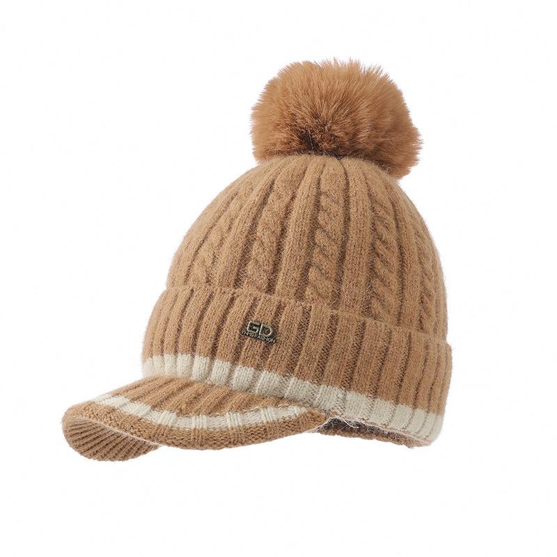 Czapka dziergana z pomponem, Gruba ciepła czapka z polaru, Wełniana czapka rekreacyjna na zewnątrz, Damska zimowa wełniana czapka dziergana, Wiatroodporna czapka podróżna na zewnątrz