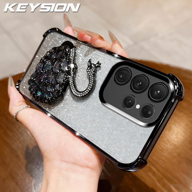 KEYSION Shockproof Plating TPU Phone Case for Samsung S24 S25 Ultra S25+ Glitter Jewelled Swan kickstand Cover for Galaxy S24 S25 FE 5G