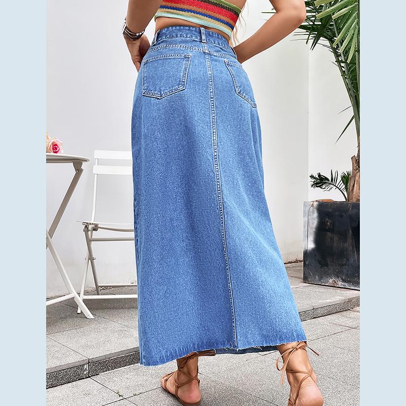 Women High Waist Pocket A Line Jean Denim Skirt