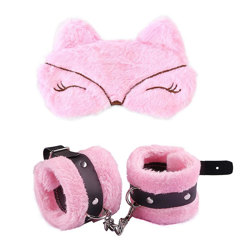 Adjustable PU Leather Plush Handcuffs Blindfold Restraints Bondage Sex Toy Accessories For Women Adults Games