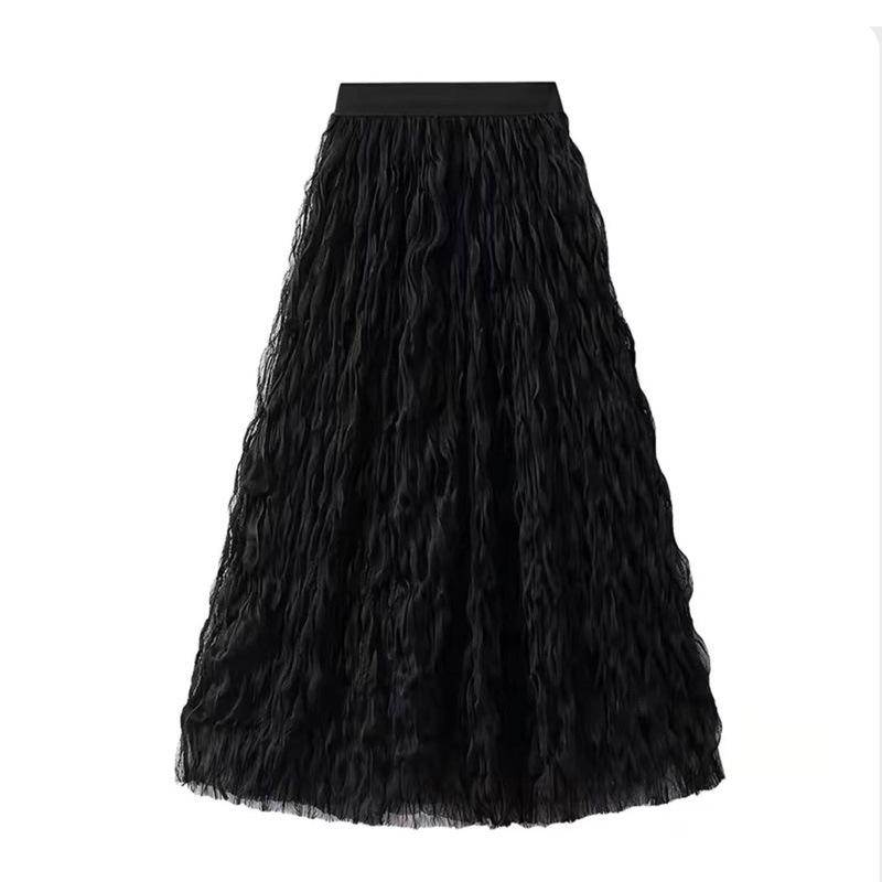 2026 Summer Elegant High Waist Mesh A-line Skirt with Wave Pleats for Women