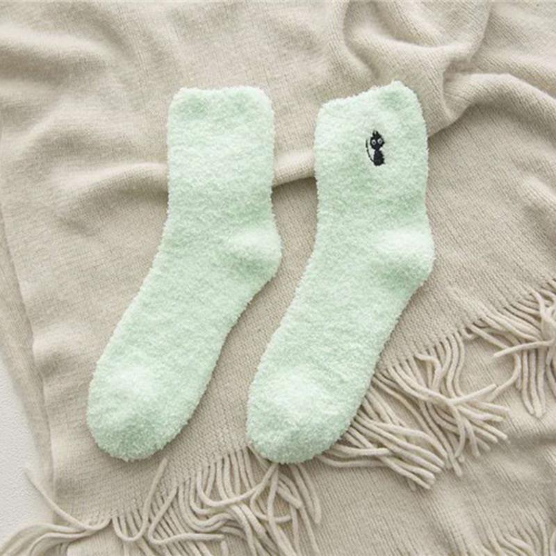 Bordado gato espessamento feminino algodão adorável pelúcia manter quente sono senhoras engraçado bonito meias de inverno
