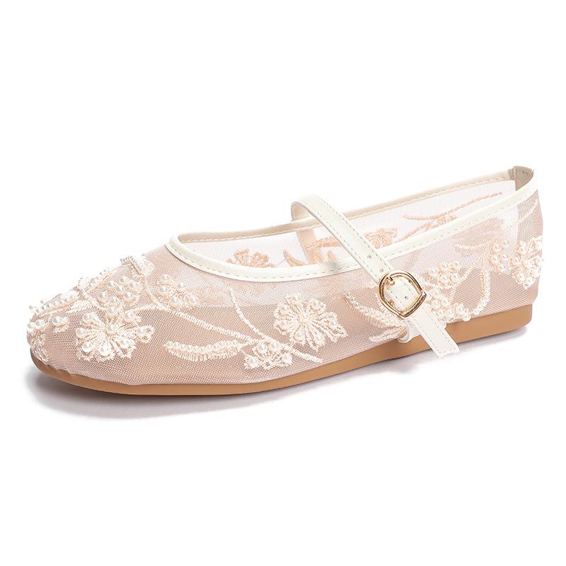 Embroidery Pearl Mesh Ballet Shoes Women's Fashion Hollow Mesh Round Head Flat Bottom One-word Buckle Strap Mary Jane Single Shoes