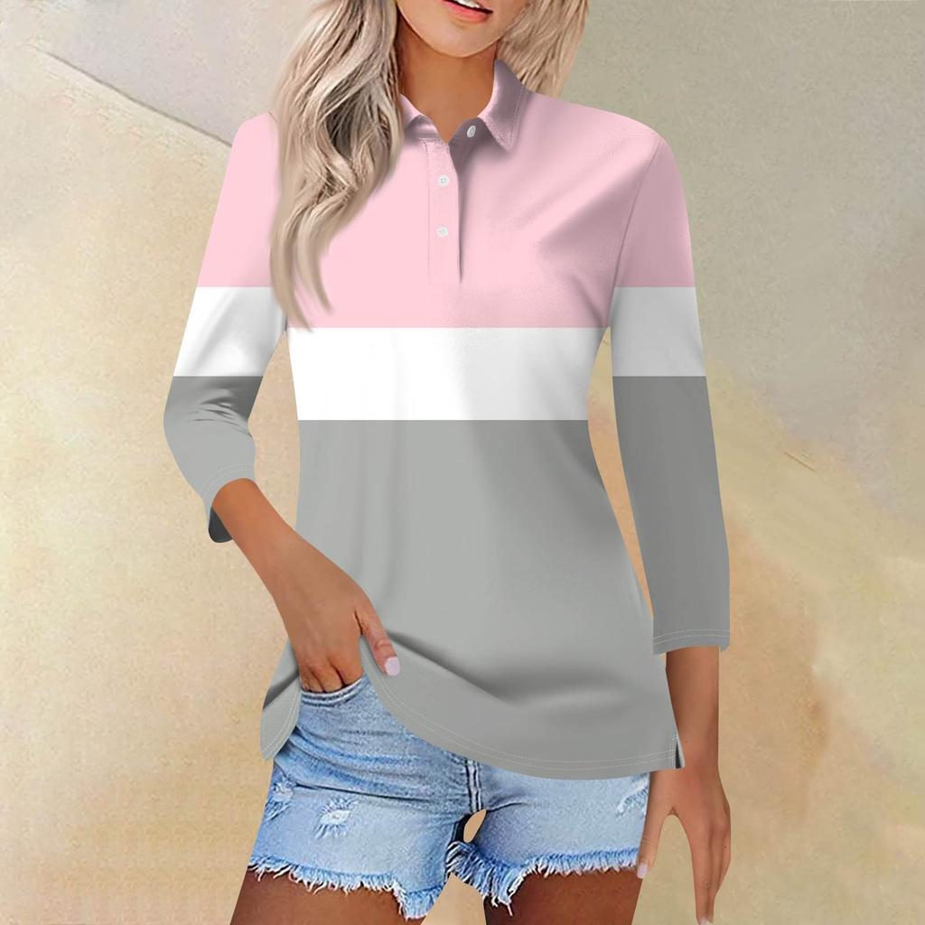 Dámská móda Neformální klopa Krátká košile s 3/4 rukávem s potiskem Dámské topy se zapínáním na knoflíky