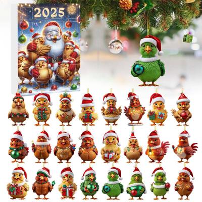 2025 Christmas Advent Calendar Chicken Ornaments 24 Days Countdown Calendar Christmas Tree Decoration 2D Acrylic Collectible Cartoon Chicken Set
