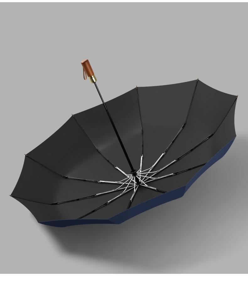115Cm Three-Fold Automatic Double Umbrella Solid Wood Handle Aluminum Alloy Skeleton Vinyl Fabric Folding Printing Logo Umbrella