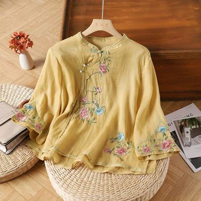 National Style Top Pure Cotton Linen Embroidered Shirt Women Ethnic Style Summer Chinese Style Oblique Placket Buttoned Shirt