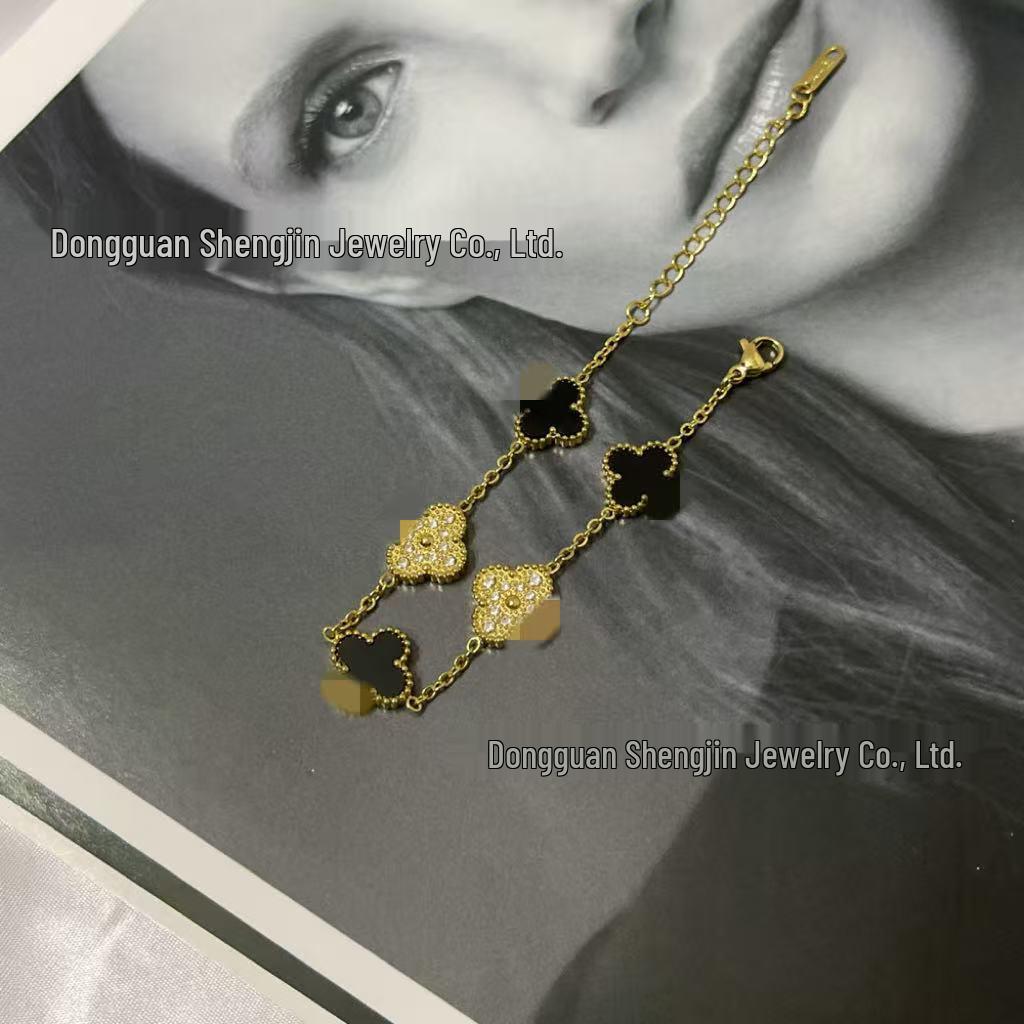 18k Gold 13mm Clover & Diamond Five-Flower Bracelet - Women's Simple, Versatile, Non-Fading Fashion Accessory