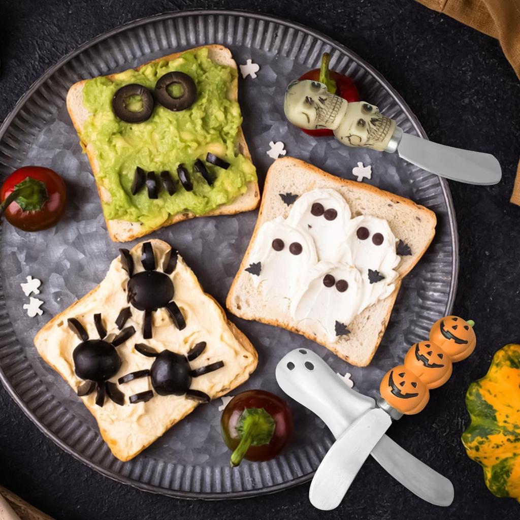 Cheese Spreader Knives 4 Pieces Halloween Pastry Knives Ergonomic Pumpkin Cat Ghost Skull Spreader For Toast Sandwich Jam Cream