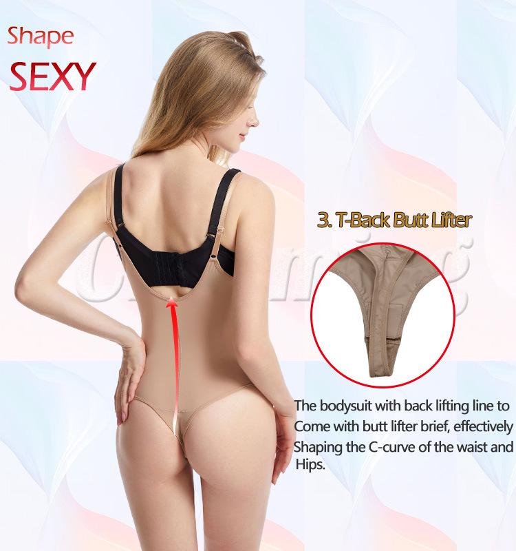Body con spalline sottili in pizzo, schiena a T, con sostegno al seno e modellante in vita