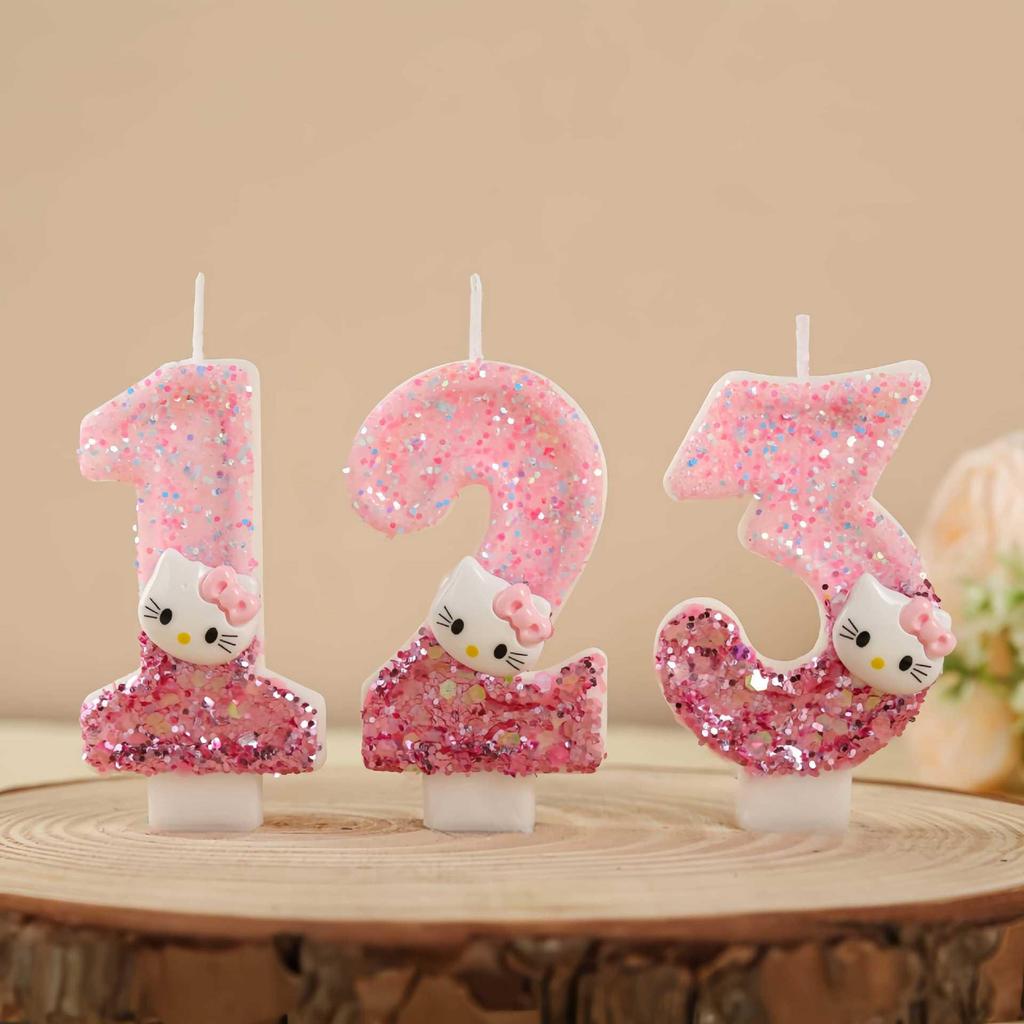 Cute Pink Cartoon Cat Number Candle for Birthday Cake Decoration