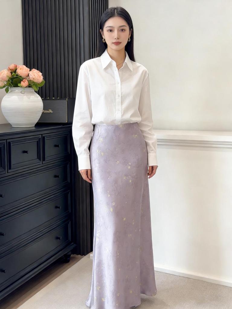 Retro High-Waist Silk Acetate A-line Butterfly Jacquard Fishtail Midi Skirt for Women