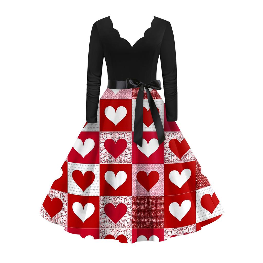 Damska stylowa i elegancka sukienka z długim rękawem, dekoltem w serek w kształcie serca na Walentynki