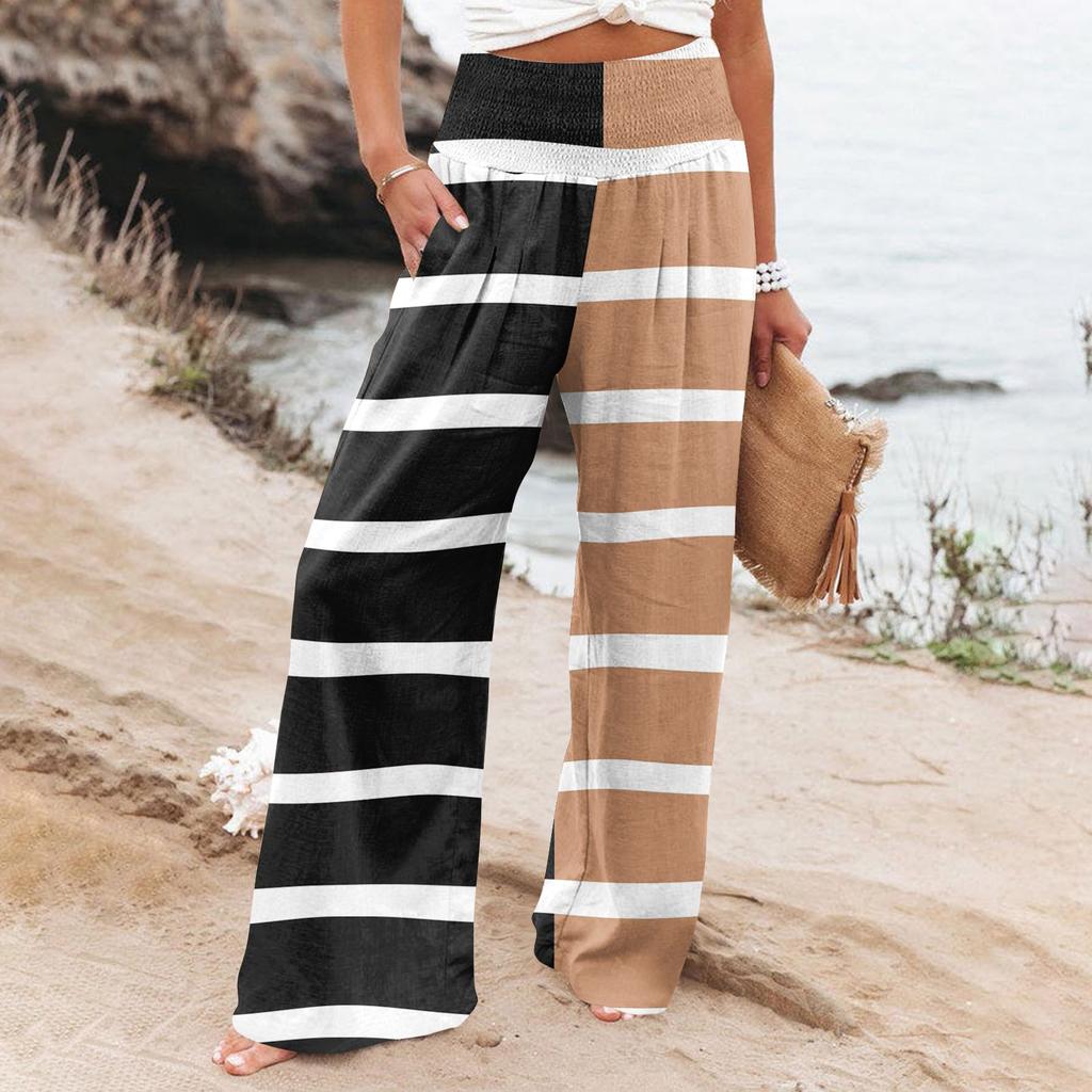 Women's Summer Elastic Waist Striped Printed Cotton And Linen Loose Trousers