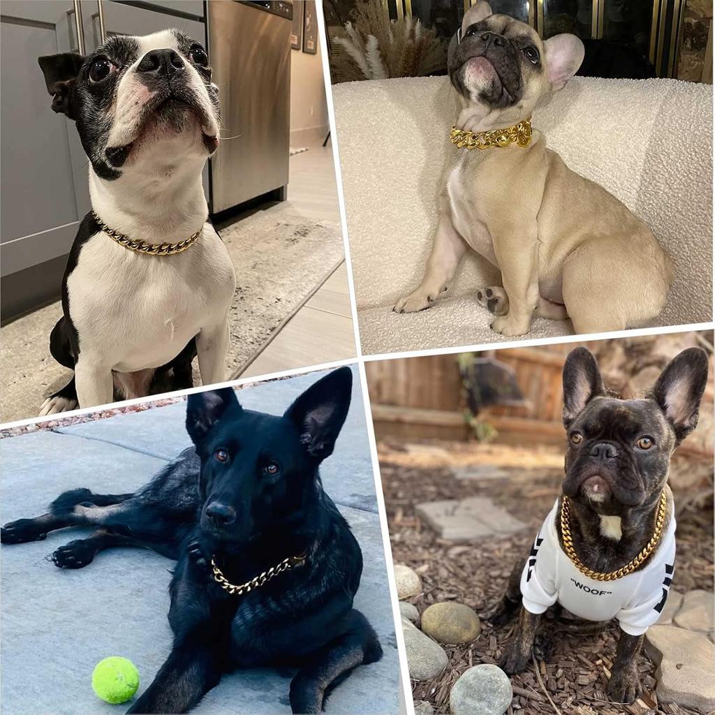 Stainless Steel 18K Gold Dog Collar with Secure Locking Buckle – 15MM Cuban Link Chew-Proof Chain for Small, Medium & Large Dogs