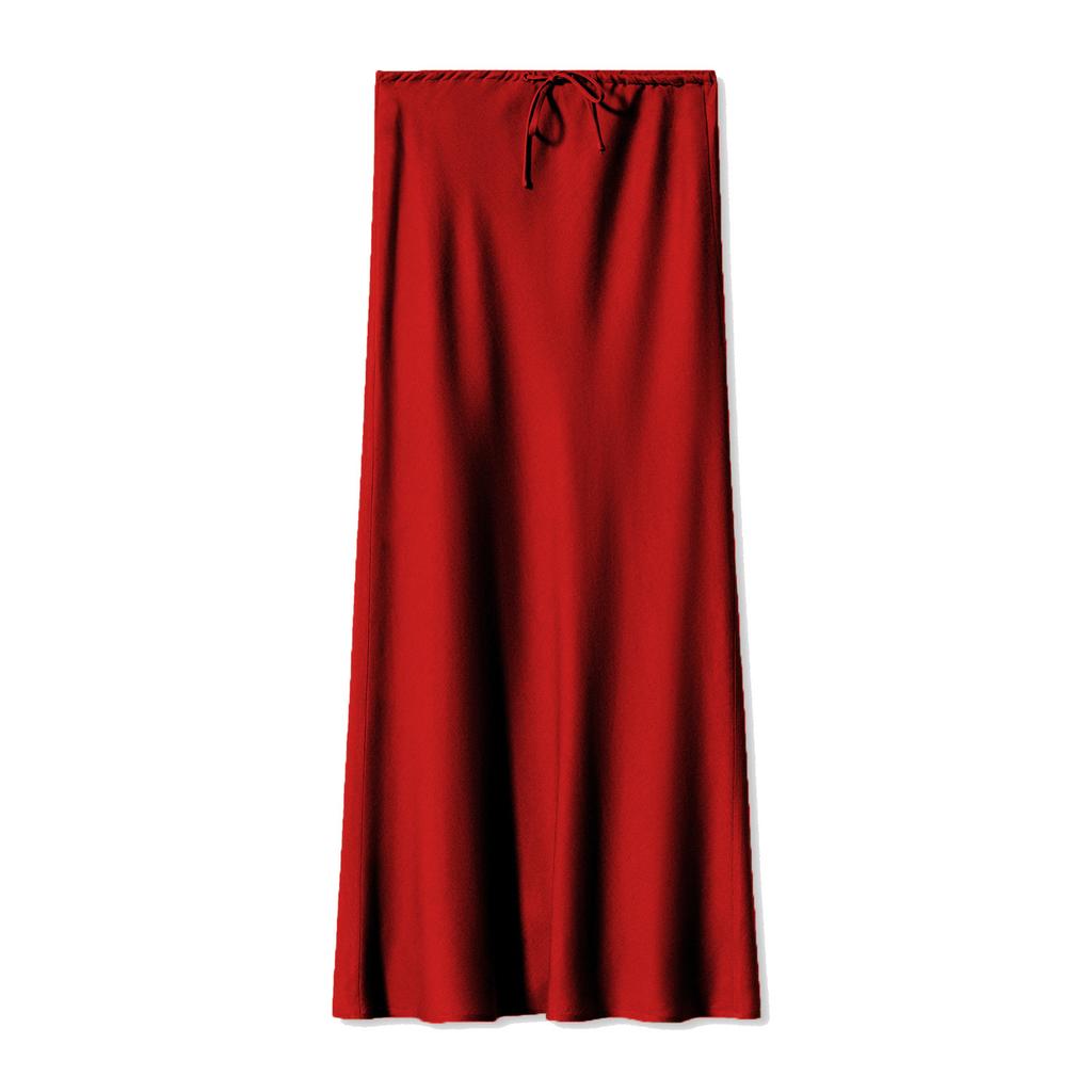 New In 2026 Spring Summer Solid Color Satin Long Skirt For Women High Waist Lace-Up Fashion Elegant Faldas