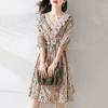 Elegant Broken Flowers A-Line Dresses Vintage Lace V-Neck Spliced Female Clothing Summer Hollow Out Drawstring Waist Midi Dress