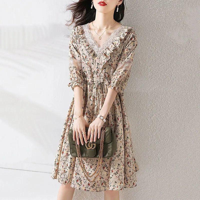 Elegant Broken Flowers A-Line Dresses Vintage Lace V-Neck Spliced Female Clothing Summer Hollow Out Drawstring Waist Midi Dress