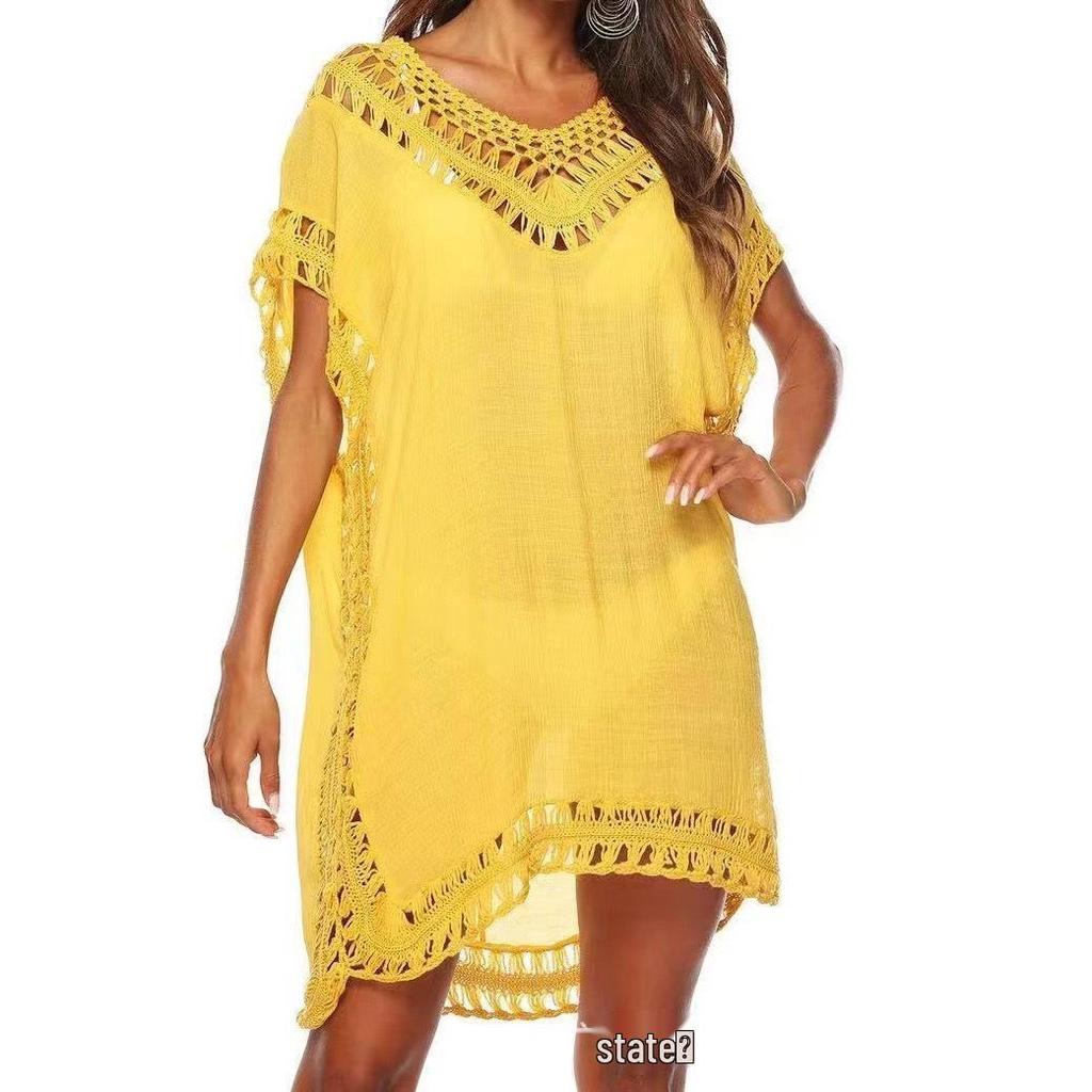 V-Neck Crochet Patchwork Beach Cover-Up Skirt - Sexy & Loose, Hollow-Out Design, Short Length, Available in 10 Colors
