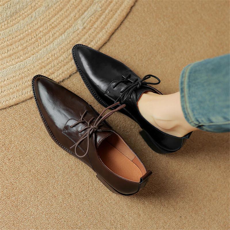 Fashion New Spring Split Leather Women Shoes Pointed Toe Women Pumps Chunky Heels Lace Loafers Shoes for Women French Retro Casual Shoes