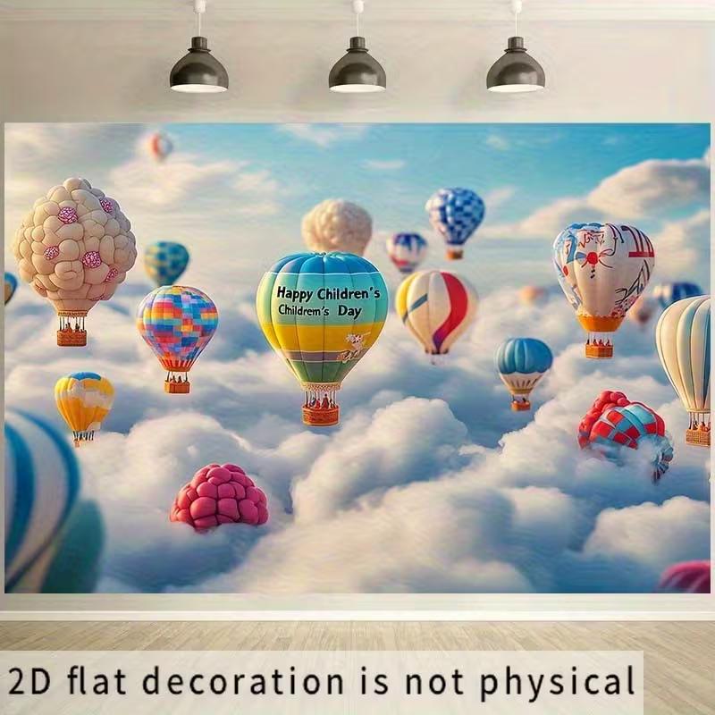 2D Fantasy Sky Backdrop, Whimsical Hot Air Balloons Wall Decor Banner