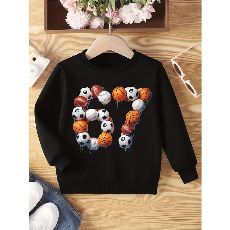 Kids Unisex Crewneck Sweatshirt, Sports Ball Drip 67 Number Print with Soccer Basketball Baseball Rugby, Long Sleeve Pullover for Boys Girls Ages 4+