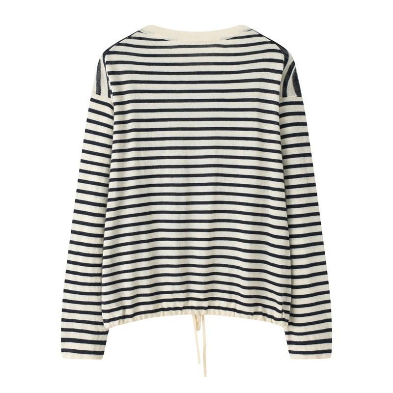 Dámský podzimní pruhovaný kašmírový top s dlouhým rukávem a kulatým výstřihem