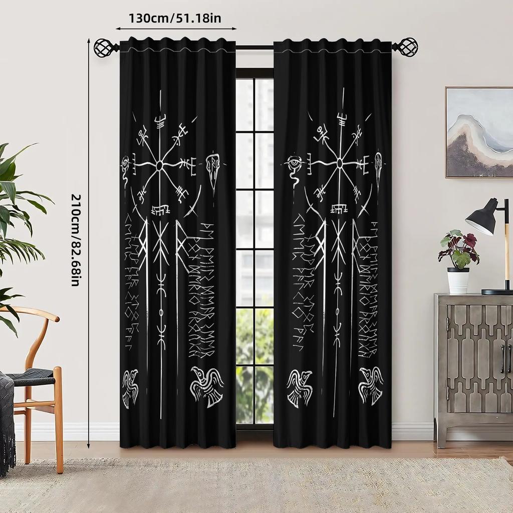 2PCS Vegvisir Symbol Print Polyester Curtains Rod Pocket Top for Living Room Home Decor