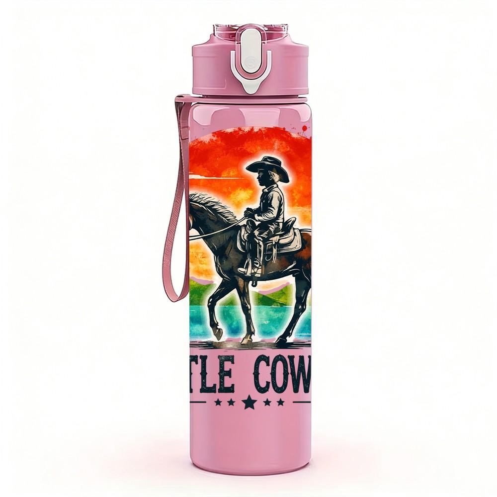 1PC Little Cowboy Horse Rider Western Print 750ml Color Plastic Sports Water Bottle Leakproof Flip Straw Lid Suitable for Sports Office Home Use
