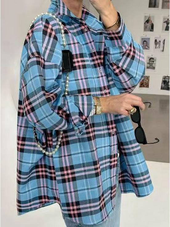 Plaid Turn-Down Collar Loose Long-Sleeve Women's Shirt for Spring/Autumn 2025