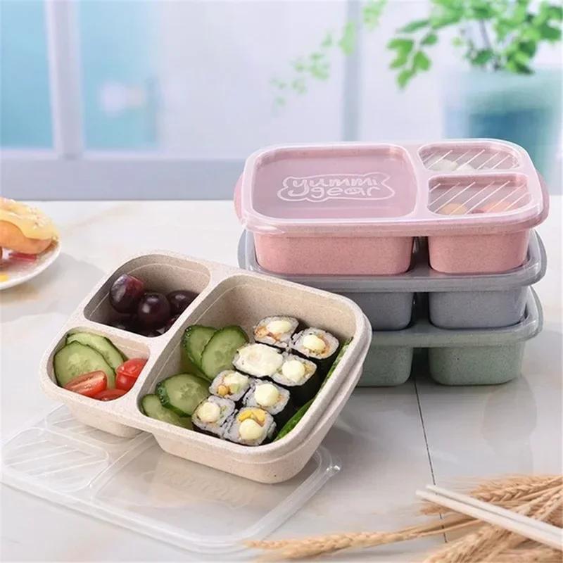 1 Pcs Portable Lunch Box Single Layer 3 Grid With Lid Microwave Food Box Biodegradable Lunch Storage Container
