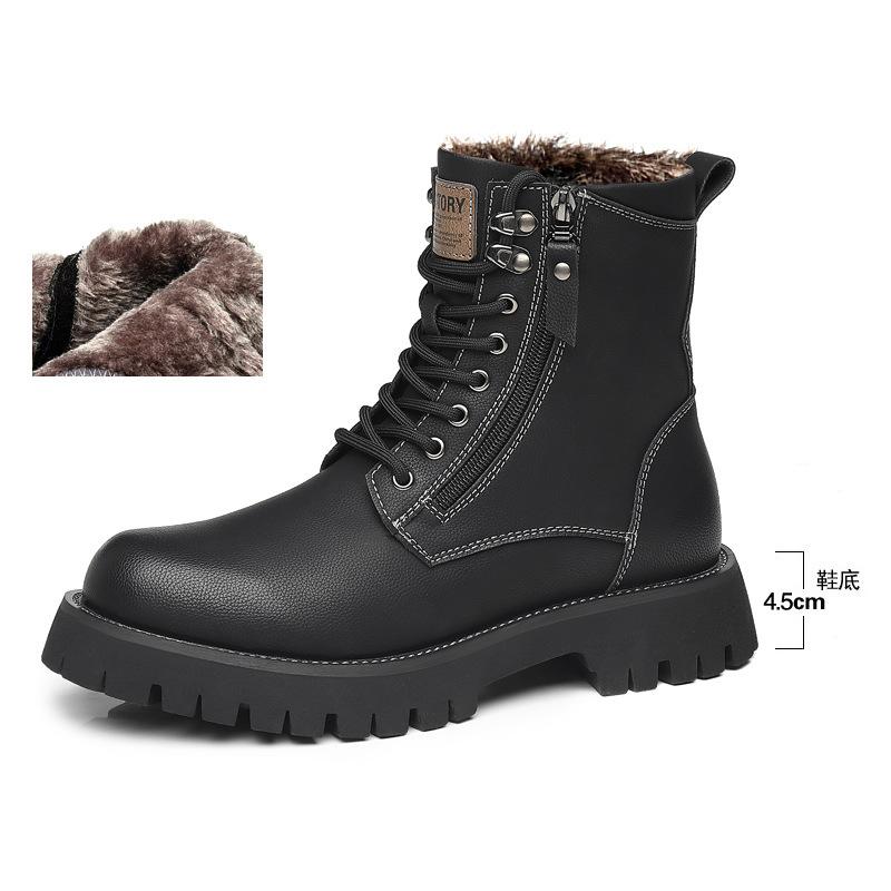Winter Velvet Martin Boots Men's Thick-soled High-top American Retro Leather Boots Genuine Leather Tooling Zipper Warm Men's Shoes