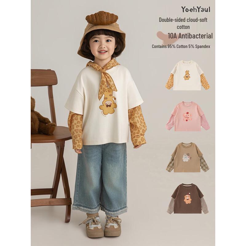 Youyou Girls  Cartoon Faux Two-Piece Long Sleeve T-Shirt 100